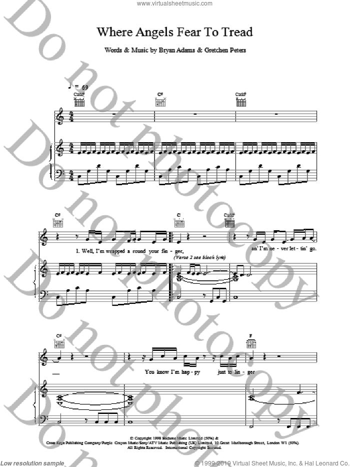 Where Angels Fear To Tread sheet music for voice, piano or guitar by Bryan Adams, intermediate skill level