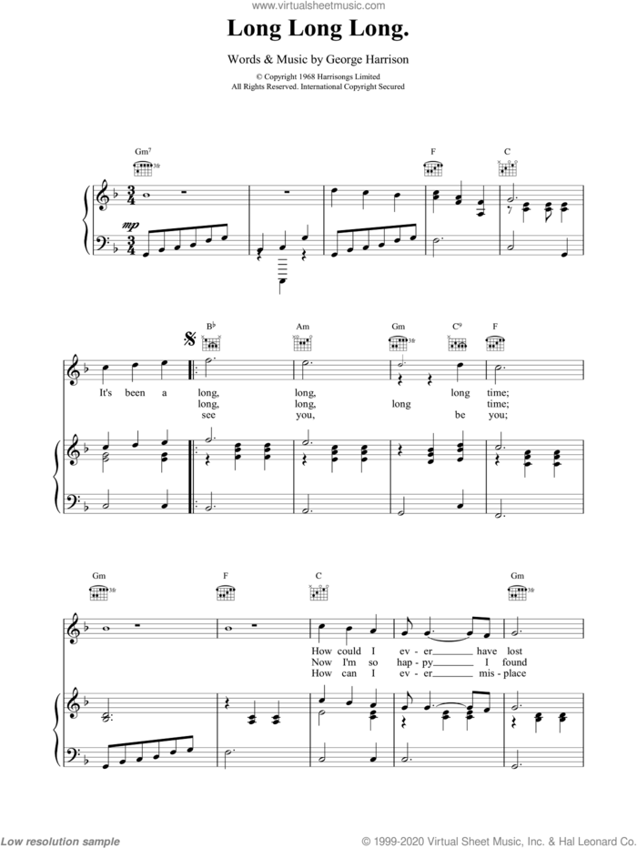 Long Long Long sheet music for voice, piano or guitar by The Beatles, intermediate skill level
