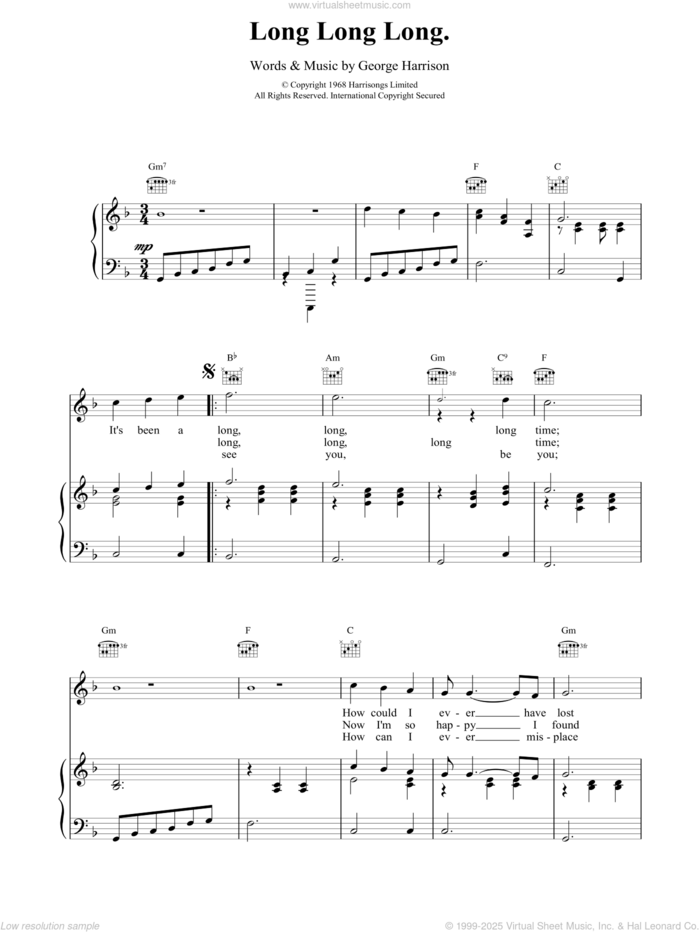 Long Long Long sheet music for voice, piano or guitar by The Beatles, intermediate skill level