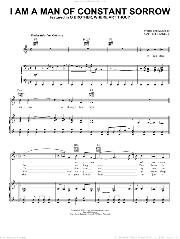 I Am A Man Of Constant Sorrow sheet music for voice, piano or guitar by The Soggy Bottom Boys, O Brother, Where Art Thou? (Movie) and Carter Stanley, intermediate skill level