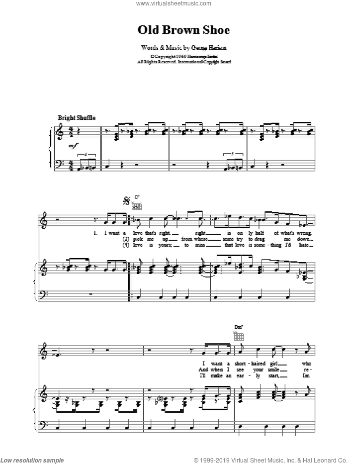 Old Brown Shoe sheet music for voice, piano or guitar by The Beatles, intermediate skill level