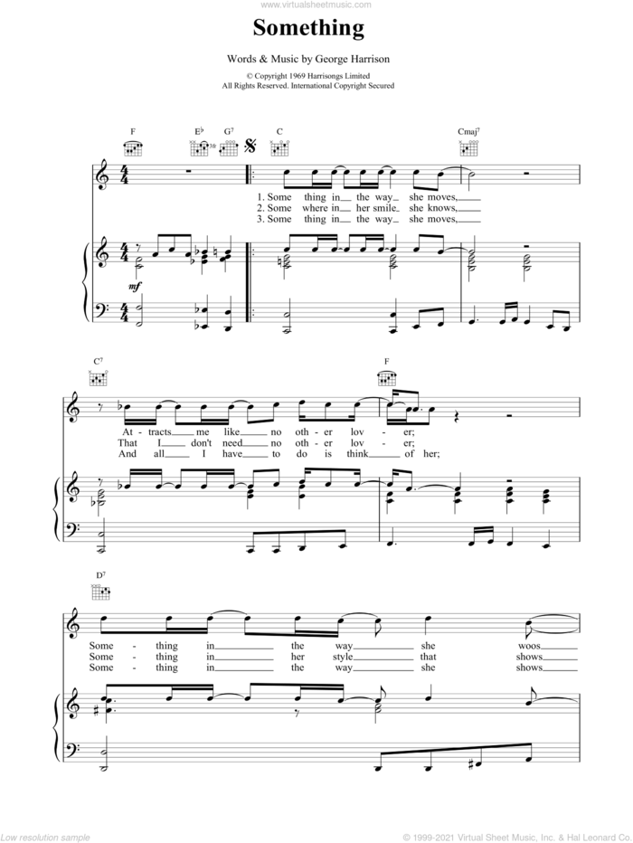 Something sheet music for voice, piano or guitar by The Beatles and George Harrison, intermediate skill level