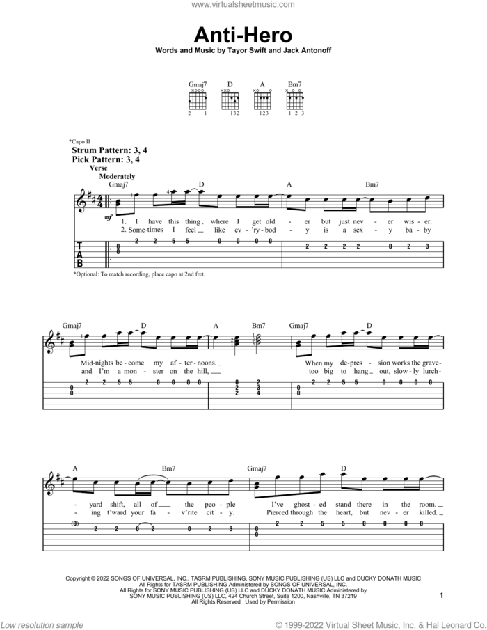 Anti-Hero sheet music for guitar solo (easy tablature) by Taylor Swift and Jack Antonoff, easy guitar (easy tablature)