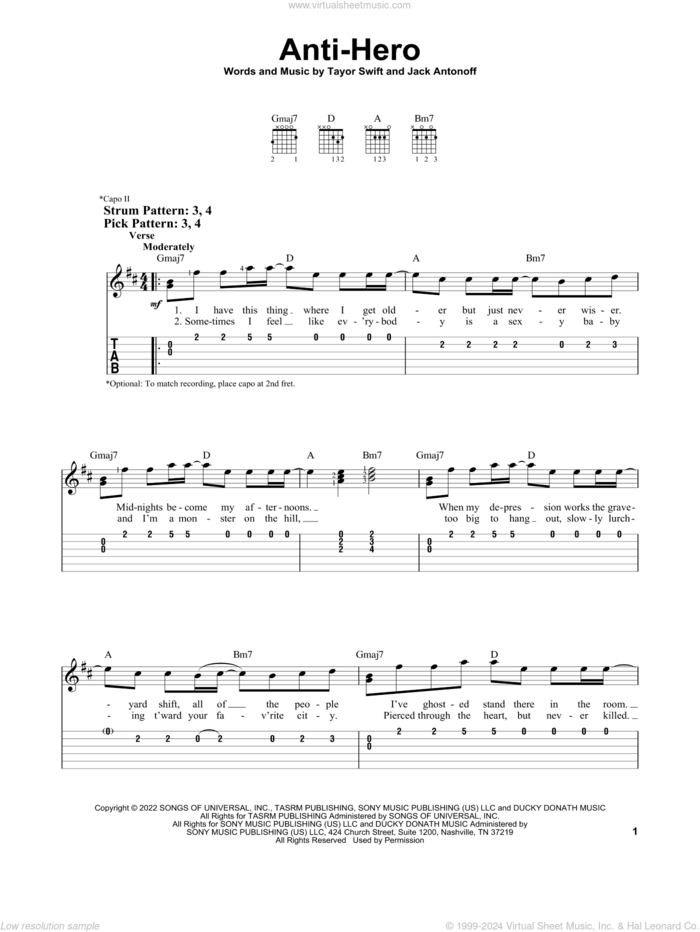 Anti-Hero sheet music for guitar solo (easy tablature) by Taylor Swift and Jack Antonoff, easy guitar (easy tablature)