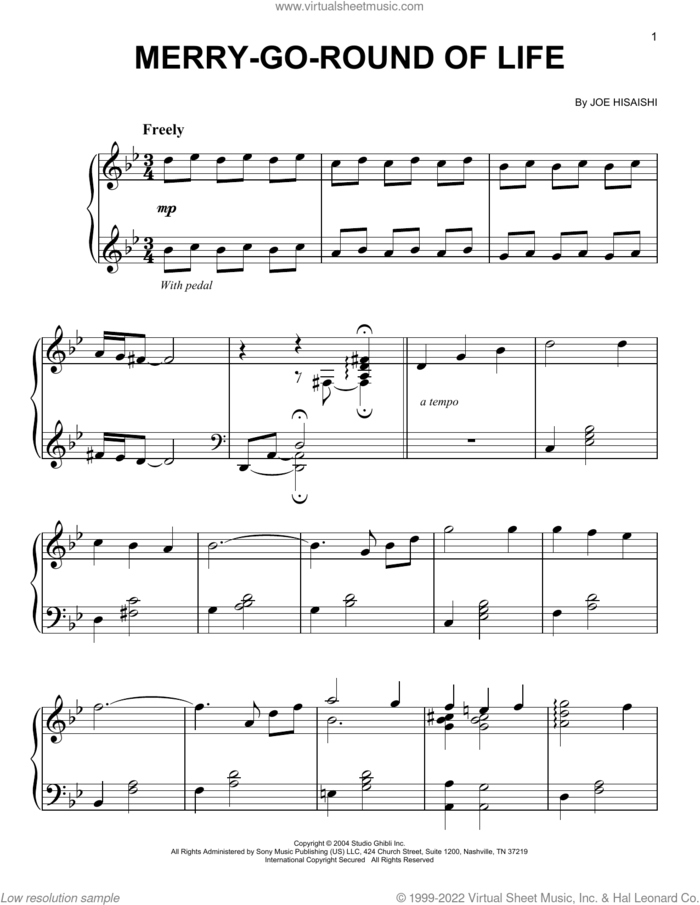 Merry-Go-Round Of Life sheet music for piano solo by Joe Hisaishi, classical score, easy skill level