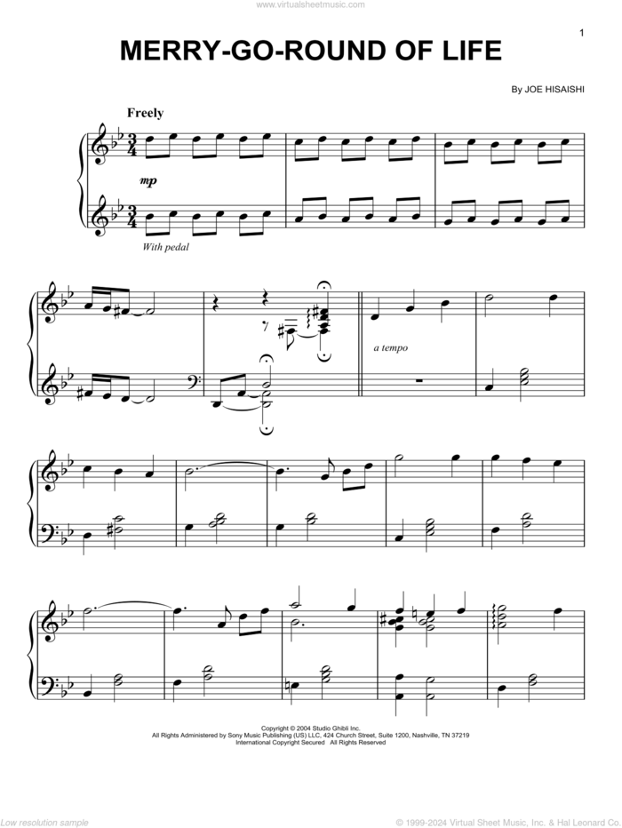 Merry-Go-Round Of Life sheet music for piano solo by Joe Hisaishi, classical score, easy skill level