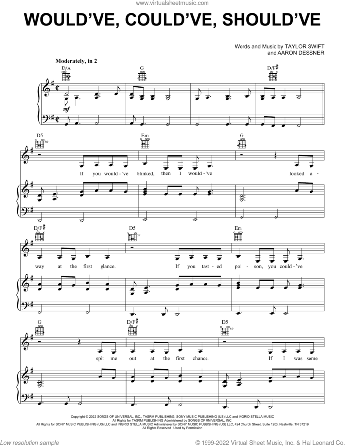 Would've, Could've, Should've sheet music for voice, piano or guitar by Taylor Swift and Aaron Dessner, intermediate skill level