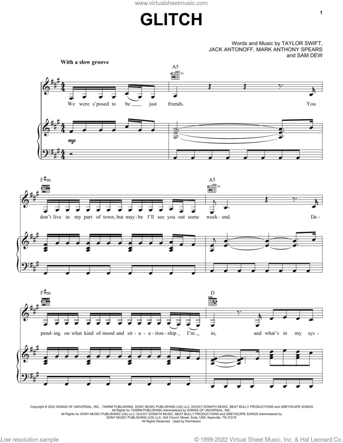 Glitch sheet music for voice, piano or guitar by Taylor Swift, Jack Antonoff, Mark Anthony Spears and Sam Dew, intermediate skill level