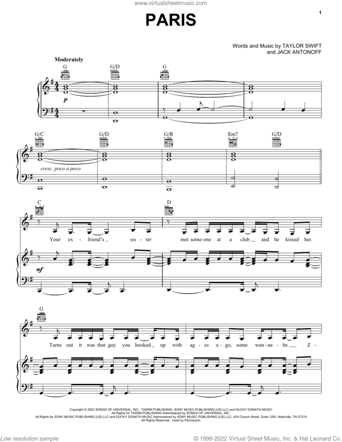 Paris sheet music for voice, piano or guitar by Taylor Swift and Jack Antonoff, intermediate skill level