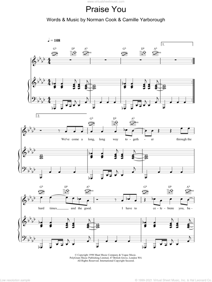 Praise You (Praise U) sheet music for voice, piano or guitar by Fatboy Slim, intermediate skill level