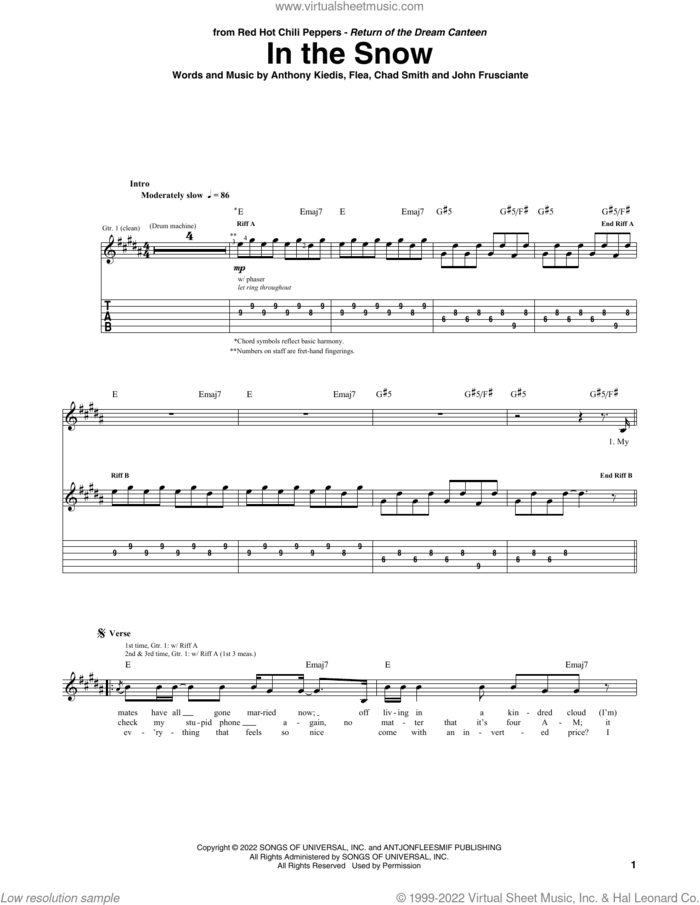 In The Snow sheet music for guitar (tablature) by Red Hot Chili Peppers, Anthony Kiedis, Chad Smith, Flea and John Frusciante, intermediate skill level