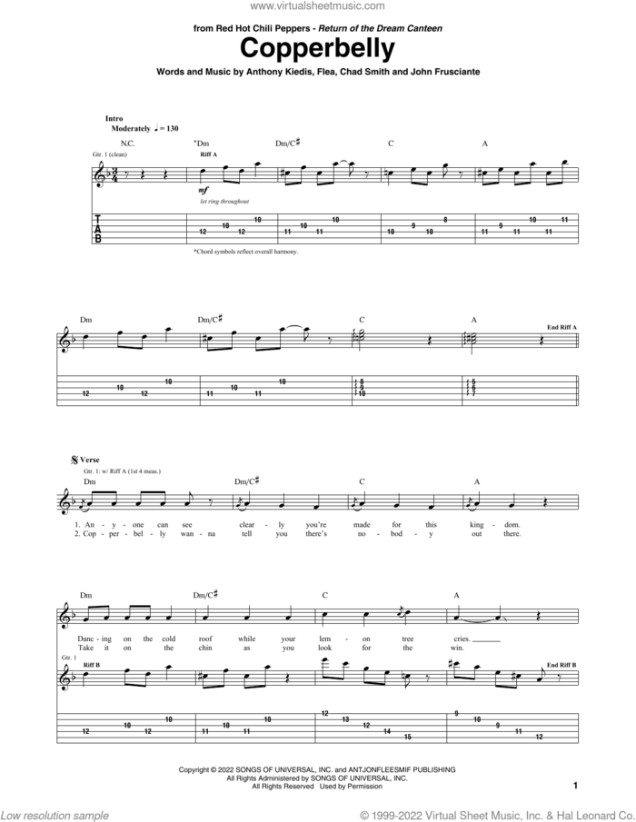 Copperbelly sheet music for guitar (tablature) by Red Hot Chili Peppers, Anthony Kiedis, Chad Smith, Flea and John Frusciante, intermediate skill level