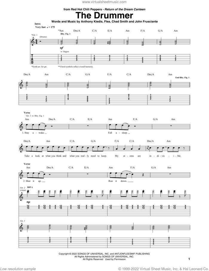 The Drummer sheet music for guitar (tablature) by Red Hot Chili Peppers, Anthony Kiedis, Chad Smith, Flea and John Frusciante, intermediate skill level