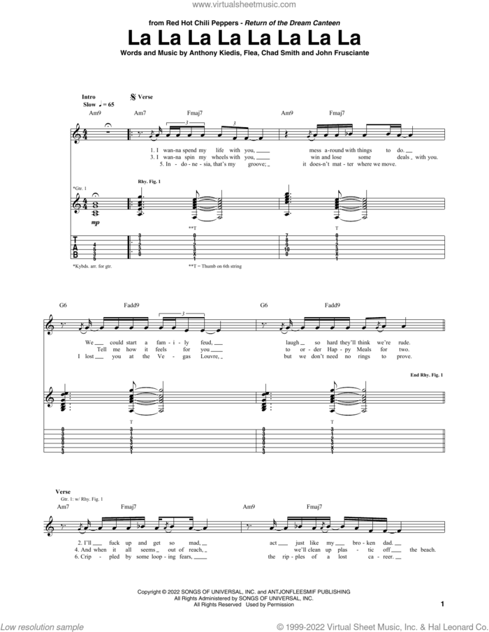 La La La La La La La La sheet music for guitar (tablature) by Red Hot Chili Peppers, Anthony Kiedis, Chad Smith, Flea and John Frusciante, intermediate skill level