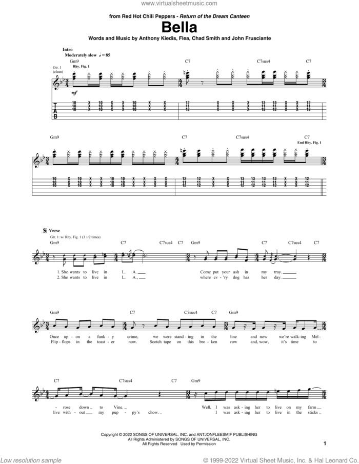Bella sheet music for guitar (tablature) by Red Hot Chili Peppers, Anthony Kiedis, Chad Smith, Flea and John Frusciante, intermediate skill level