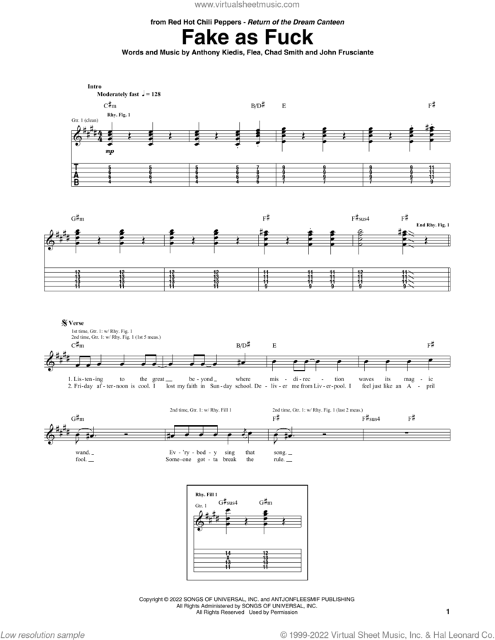 Fake As Fuck sheet music for guitar (tablature) by Red Hot Chili Peppers, Anthony Kiedis, Chad Smith, Flea and John Frusciante, intermediate skill level