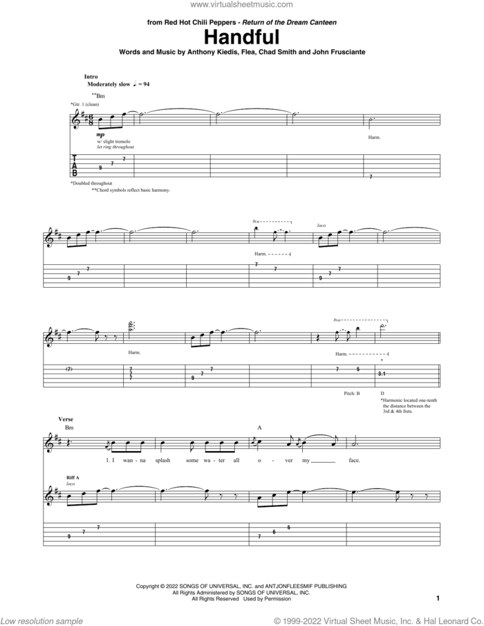 Handful sheet music for guitar (tablature) by Red Hot Chili Peppers, Anthony Kiedis, Chad Smith, Flea and John Frusciante, intermediate skill level