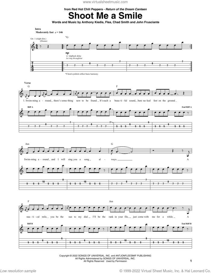Shoot Me A Smile sheet music for guitar (tablature) by Red Hot Chili Peppers, Anthony Kiedis, Chad Smith, Flea and John Frusciante, intermediate skill level