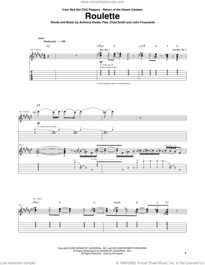 Roulette sheet music for guitar (tablature) by Red Hot Chili Peppers, Anthony Kiedis, Chad Smith, Flea and John Frusciante, intermediate skill level