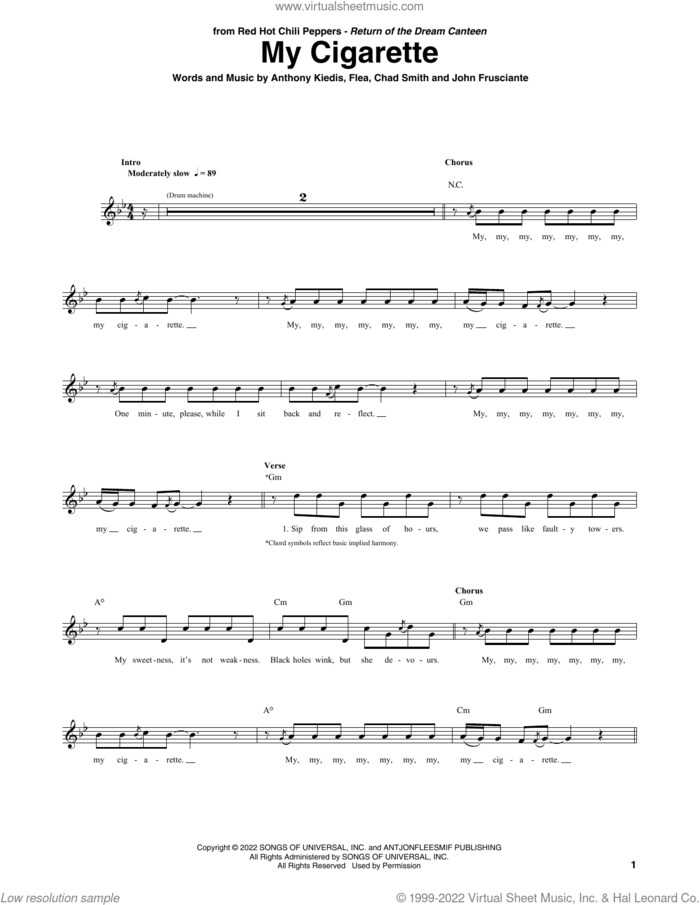 My Cigarette sheet music for guitar (tablature) by Red Hot Chili Peppers, Anthony Kiedis, Chad Smith, Flea and John Frusciante, intermediate skill level