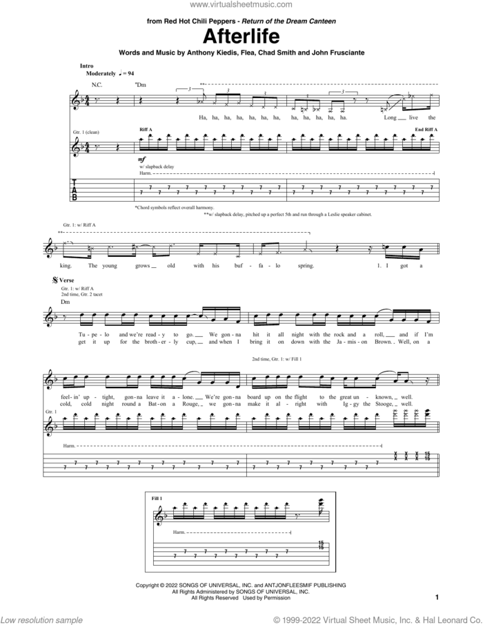 Afterlife sheet music for guitar (tablature) by Red Hot Chili Peppers, Anthony Kiedis, Chad Smith, Flea and John Frusciante, intermediate skill level