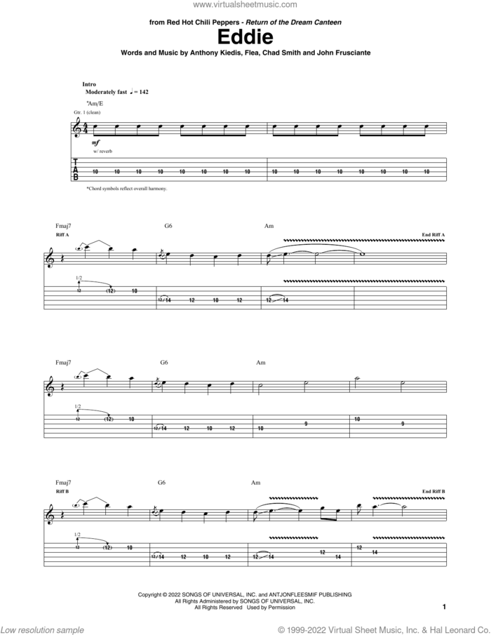 Eddie sheet music for guitar (tablature) by Red Hot Chili Peppers, Anthony Kiedis, Chad Smith, Flea and John Frusciante, intermediate skill level
