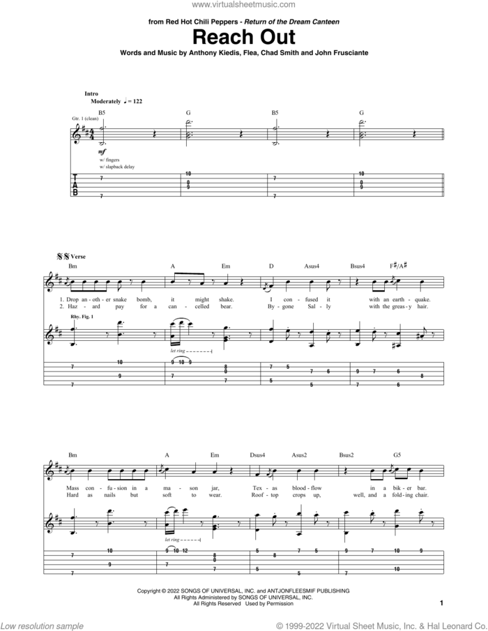 Reach Out sheet music for guitar (tablature) by Red Hot Chili Peppers, Anthony Kiedis, Chad Smith, Flea and John Frusciante, intermediate skill level