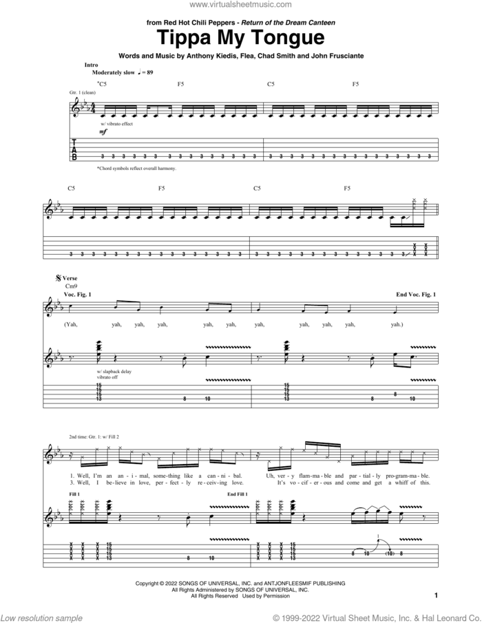 Tippa My Tongue sheet music for guitar (tablature) by Red Hot Chili Peppers, Anthony Kiedis, Chad Smith, Flea and John Frusciante, intermediate skill level