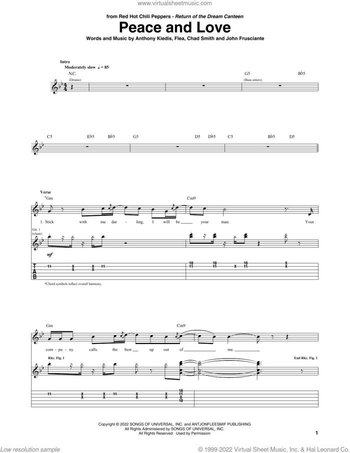 Peace And Love sheet music for guitar (tablature) by Red Hot Chili Peppers, Anthony Kiedis, Chad Smith, Flea and John Frusciante, intermediate skill level