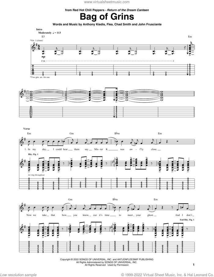 Bag Of Grins sheet music for guitar (tablature) by Red Hot Chili Peppers, Anthony Kiedis, Chad Smith, Flea and John Frusciante, intermediate skill level