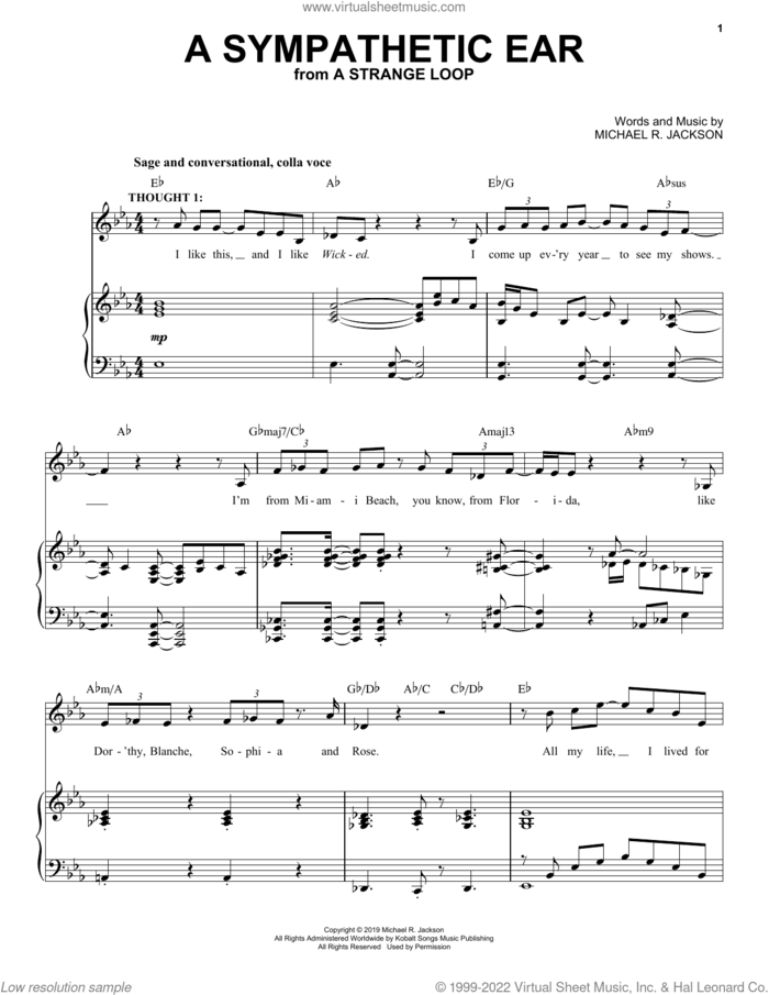 A Sympathetic Ear (from A Strange Loop) sheet music for voice and piano by Michael R. Jackson, intermediate skill level