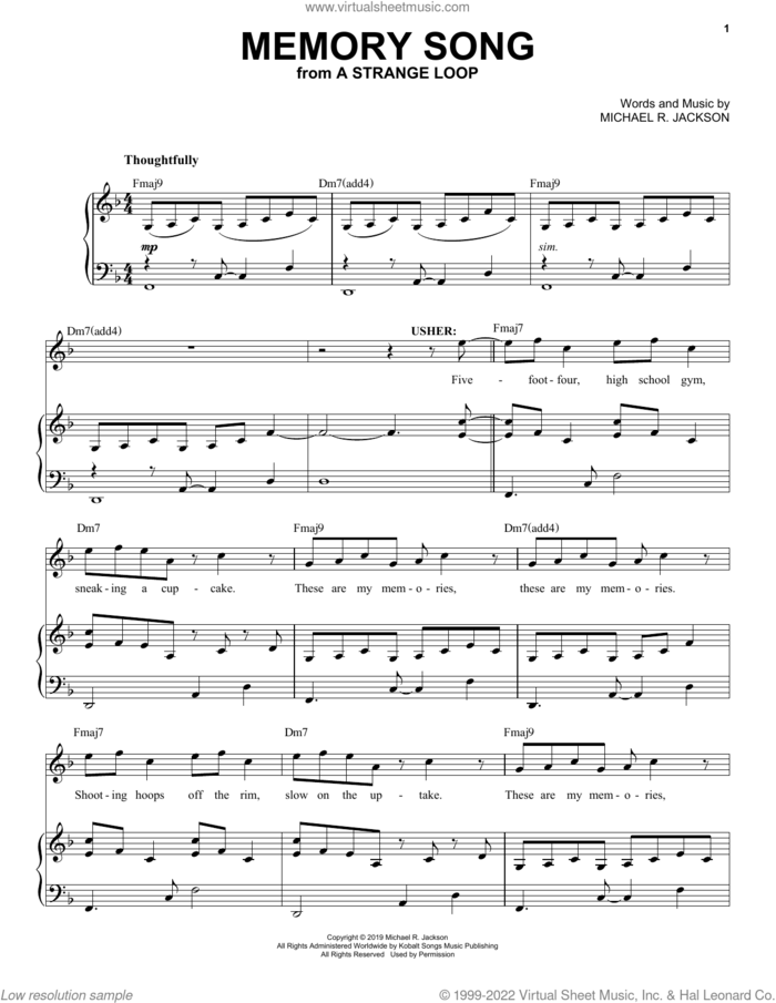 Memory Song (from A Strange Loop) sheet music for voice and piano by Michael R. Jackson, intermediate skill level