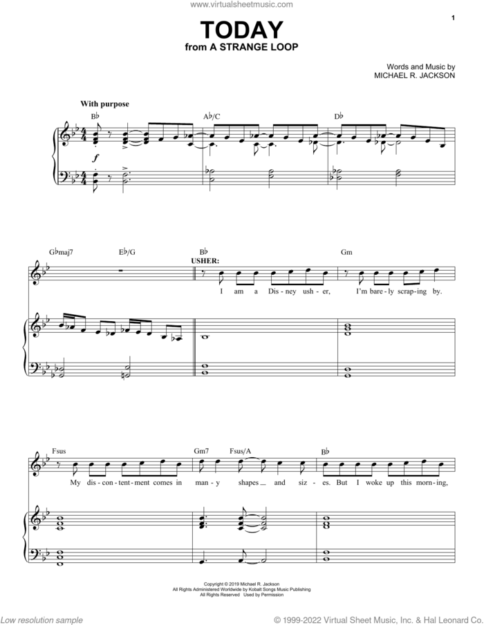 Today (from A Strange Loop) sheet music for voice and piano by Michael R. Jackson, intermediate skill level