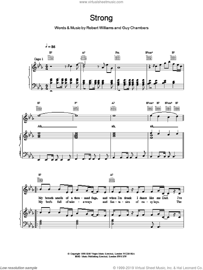 Strong sheet music for voice, piano or guitar by Robbie Williams, intermediate skill level