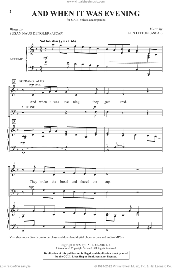 And When It Was Evening sheet music for choir (SAB: soprano, alto, bass) by Ken Litton and Susan Naus Dengler, intermediate skill level
