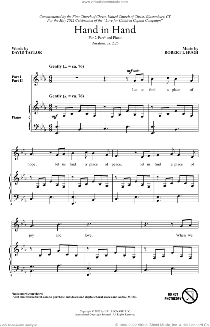 Hand In Hand sheet music for choir (2-Part) by Robert Hugh and David Taylor, intermediate duet