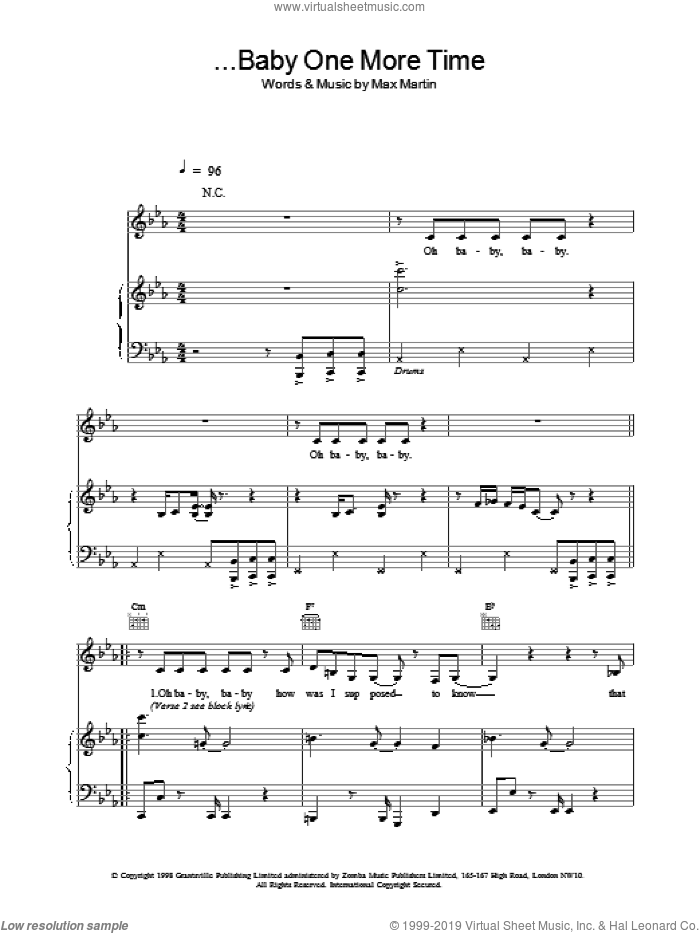 Baby One More Time sheet music for voice, piano or guitar by Britney Spears, intermediate skill level