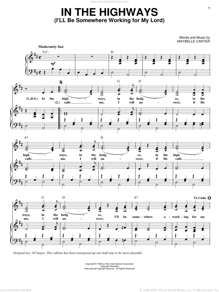 In The Highways (I'll Be Somewhere Working For My Lord) sheet music for voice and piano by Maybelle Carter and O Brother, Where Art Thou? (Movie), intermediate skill level