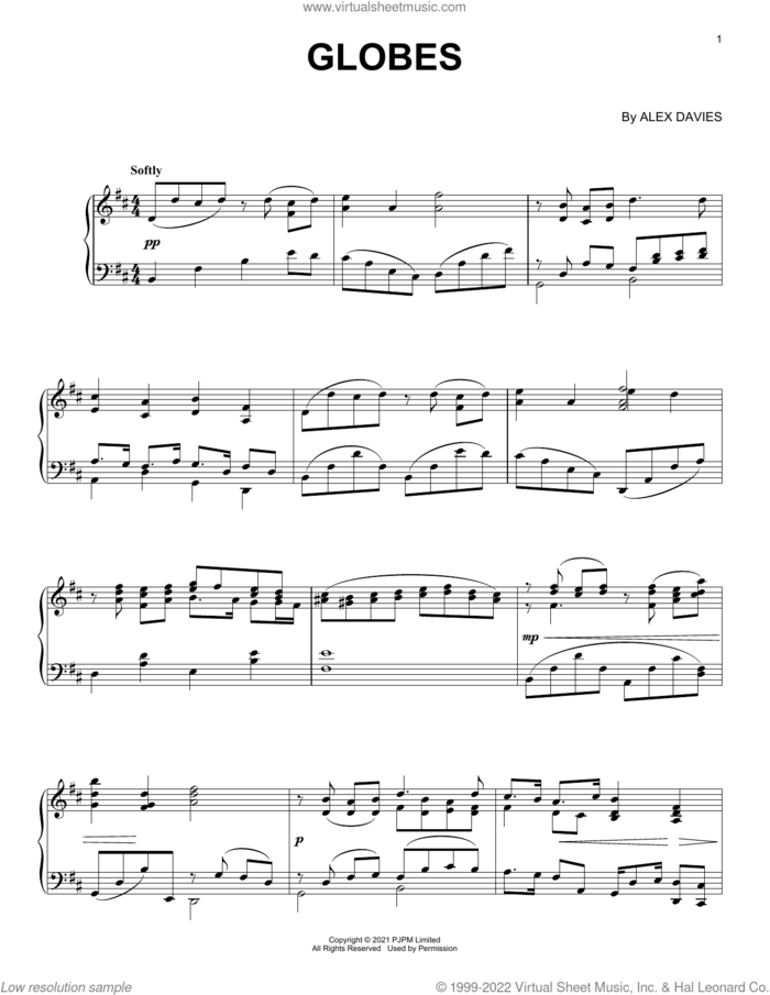 Globes sheet music for piano solo by Goldbæk and Alex Davies, classical score, intermediate skill level
