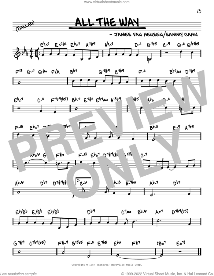 All The Way (arr. David Hazeltine) sheet music for voice and other instruments (real book) by Frank Sinatra, David Hazeltine, Jimmy van Heusen and Sammy Cahn, intermediate skill level