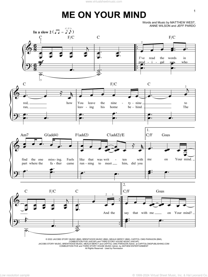 Me On Your Mind sheet music for piano solo by Matthew West, Anne Wilson and Jeff Pardo, easy skill level