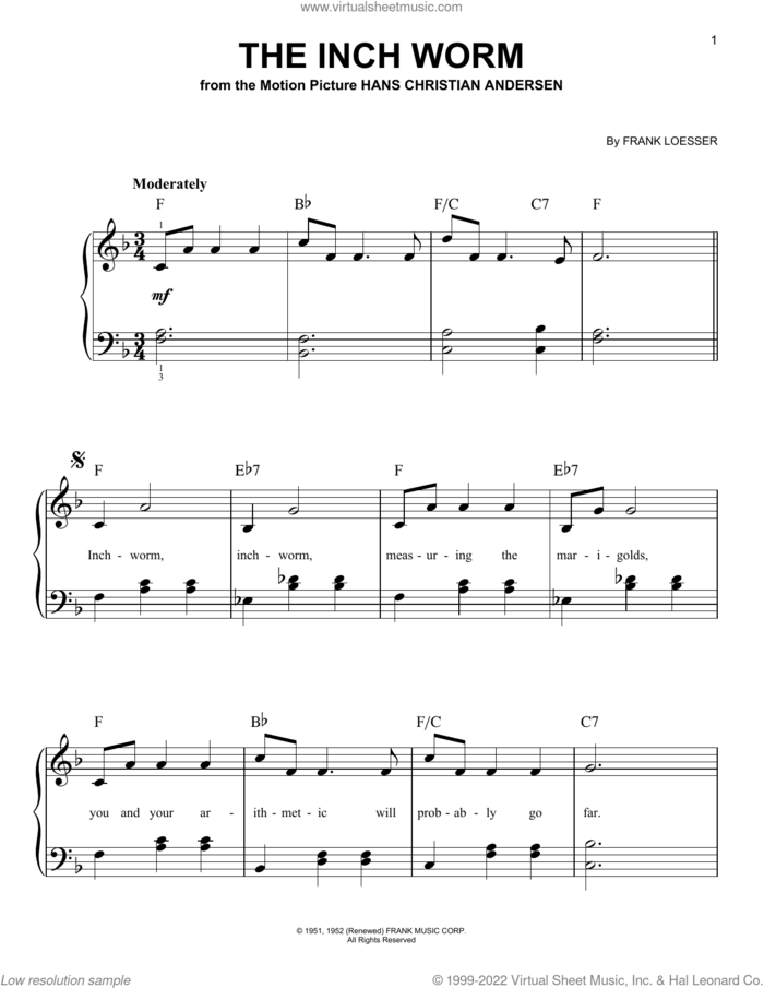 The Inch Worm, (beginner) sheet music for piano solo by Frank Loesser, beginner skill level
