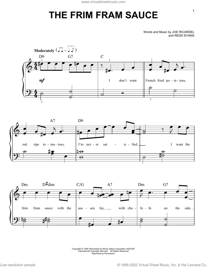 The Frim Fram Sauce sheet music for piano solo by Joe Ricardel and Redd Evans, beginner skill level