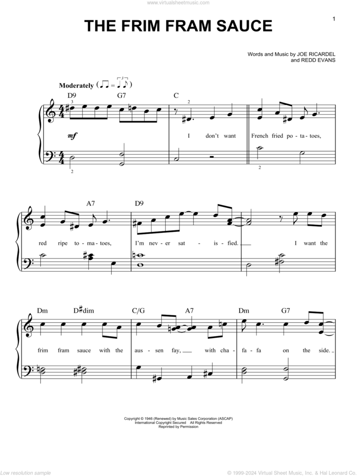 The Frim Fram Sauce sheet music for piano solo by Joe Ricardel and Redd Evans, beginner skill level