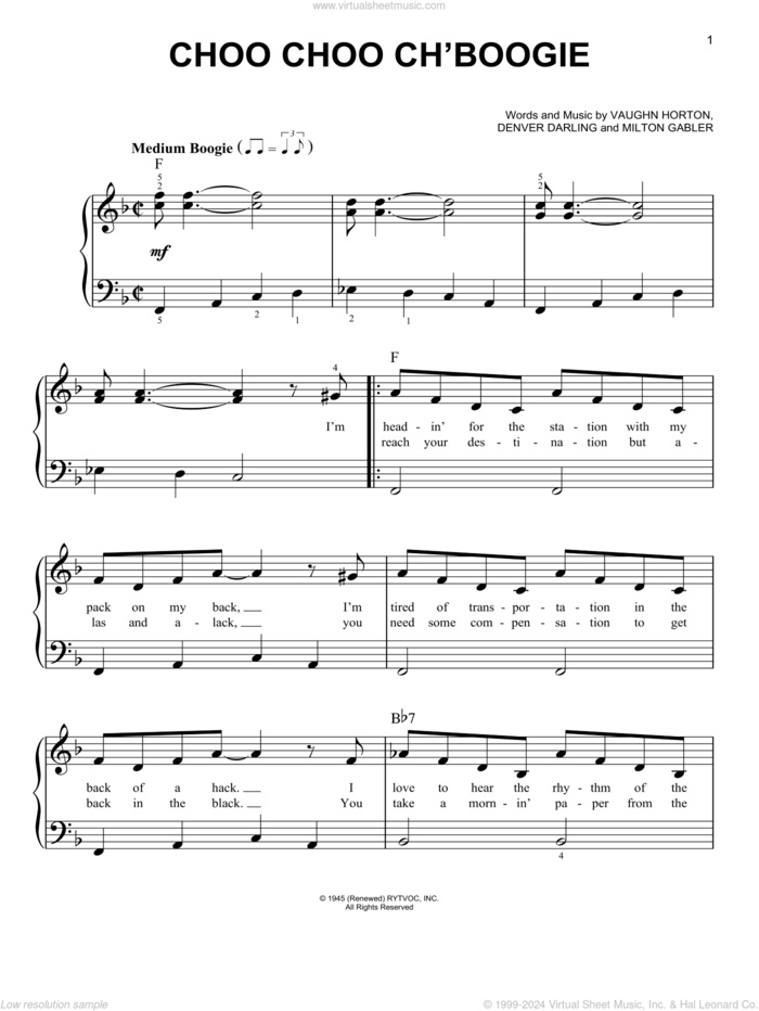 Choo Choo Ch' Boogie sheet music for piano solo by Bill Haley, Louis Jordan, Denver Darling, Milton Gabler and Vaughn Horton, beginner skill level