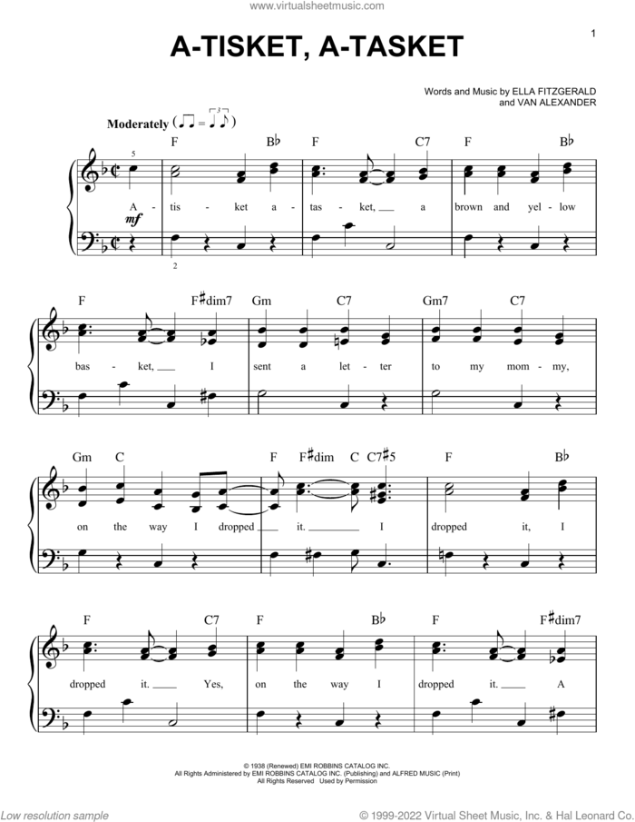 A-Tisket, A-Tasket sheet music for piano solo by Ella Fitzgerald and Van Alexander, beginner skill level