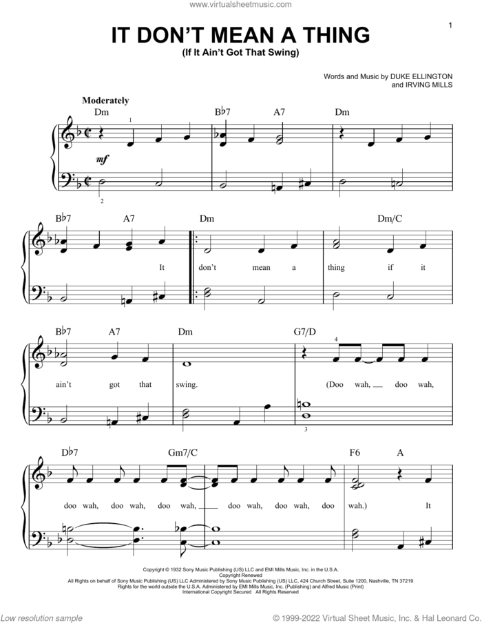 It Don't Mean A Thing (If It Ain't Got That Swing) sheet music for piano solo by Duke Ellington and Irving Mills, beginner skill level