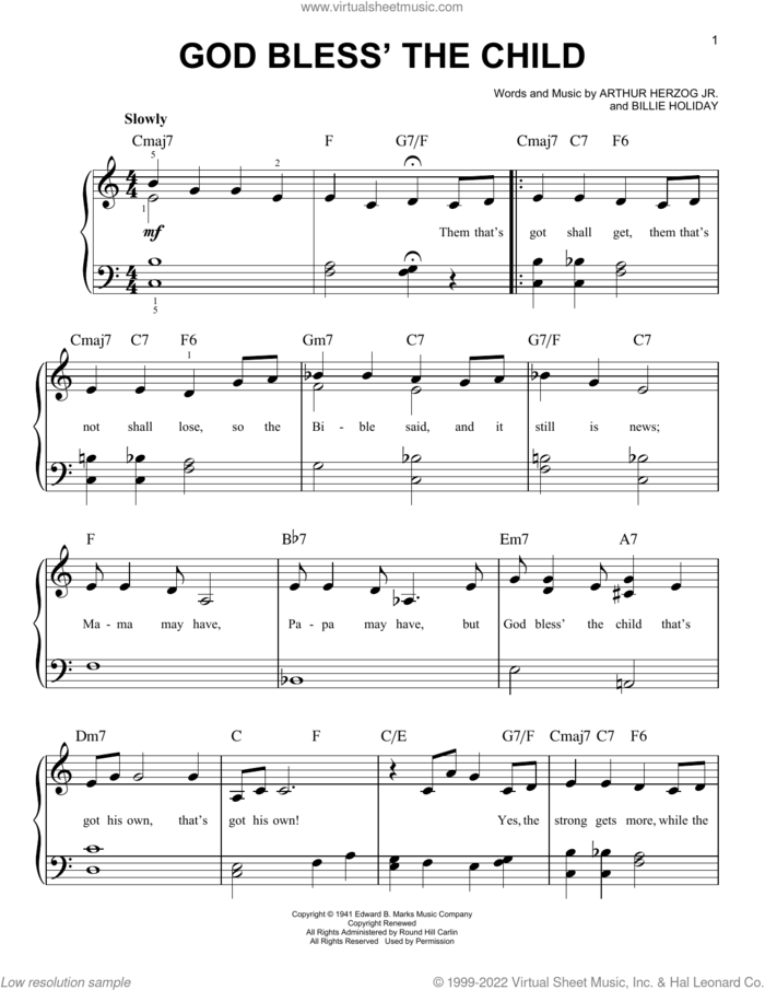 God Bless' The Child sheet music for piano solo by Billie Holiday and Arthur Herzog Jr., beginner skill level