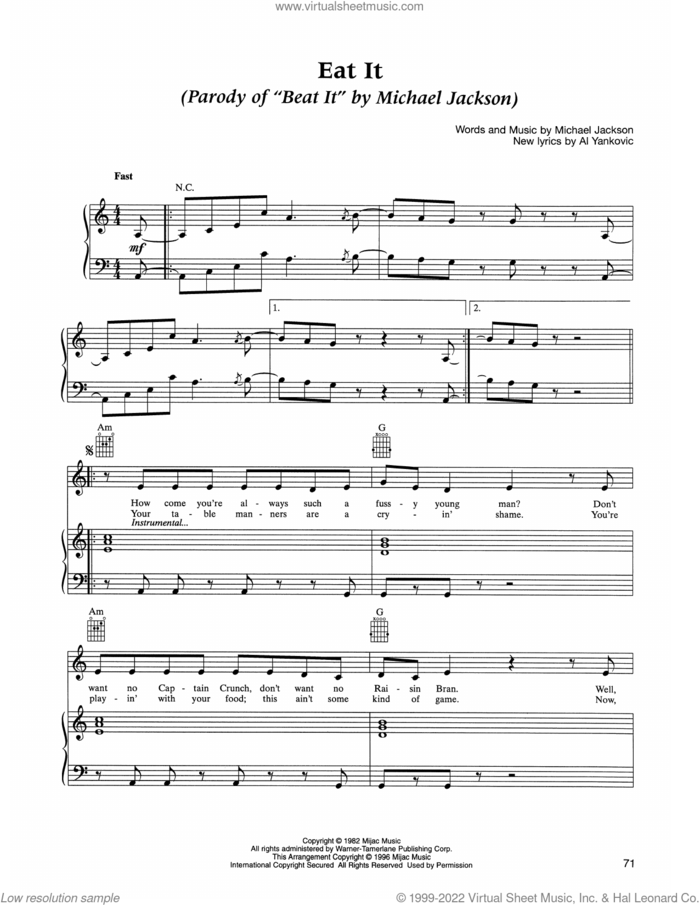 Eat It sheet music for voice, piano or guitar by 'Weird Al' Yankovic, Michael Jackson and New Lyrics By Al Yankovic, intermediate skill level