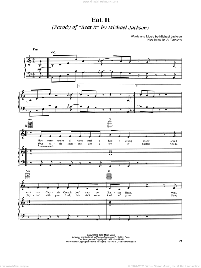 Eat It sheet music for voice, piano or guitar by 'Weird Al' Yankovic, Michael Jackson and New Lyrics By Al Yankovic, intermediate skill level